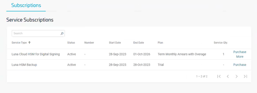 The service subscriptions table containing a trial service and an active service subscription.
